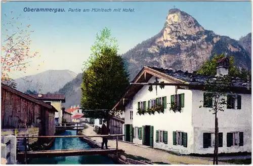 Oberammergau Partie am Mühlbach mit Hotel Ansichtskarte  1922