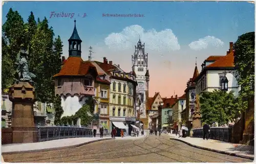 Ansichtskarte Freiburg im Breisgau Straßenpartie - Schwabentorbrücke 1917