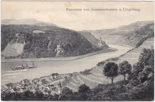 Assmannshausen  Rhein Rüdesheim (Rhein) Künstlerkarte Panorama mit Umgebung 1910