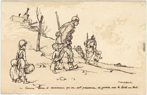 Soldaten nehmen Kinder mit Künstlerkarte Militaria Frankreich 1918