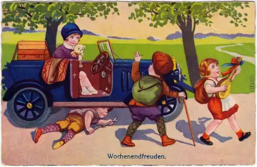Scherzkarte Wochenendfreuden Wanderer überholen kaputtes Auto Künstler Ak 1940