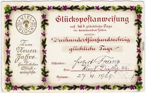  Glückspostanweisung: 365 glückliche Tage im Jahr, Neujahr, Goldschrift 1929