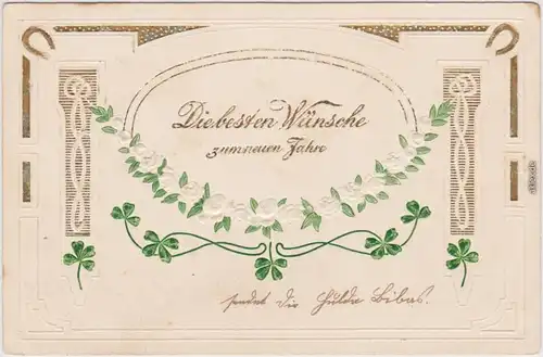 Die besten Wünsche zum neuen Jahre: Prägekarte Goldrand Jugenstil Ornament 1906