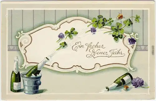 Ein Frohes Neues Jahr: Sektkorken und Kleeblätter, Relief Goldrand 1908