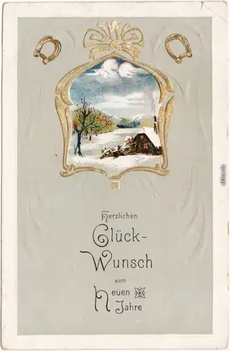 Relief Goldrand Glückwunsch zum Neuen Jahre  Ansichtskarte Hufeisen 1913