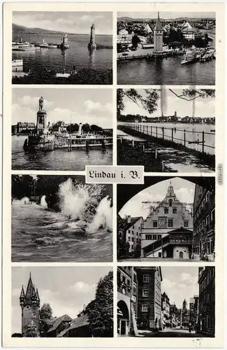 Ansichtskarte Lindau (Bodensee) Mehrbild: Luftbilder, Hafen und Straßen 1954