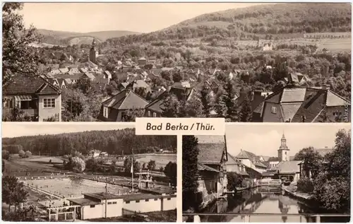 Ansichtskarte Bad Berka 3 Bild: Panoram, Schwimmbad und Flußpartie 1959
