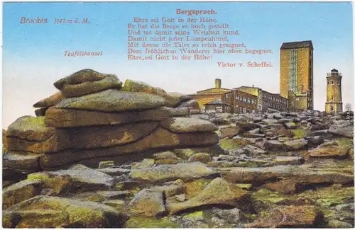 Ilsenburg (Harz) Brocken mit Teufelskanzel und Bergspruch 1915