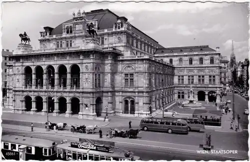 Fotokarte Wien Straßenpartie an der Staatsoper - Bus und Straßenbahn 1962