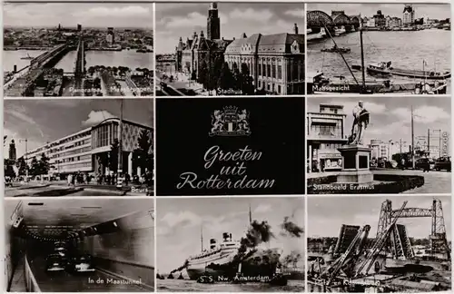Ansichtskarte Rotterdam Mehrbild: Rathaus, Tunnel, Straßen und Hafen 1965