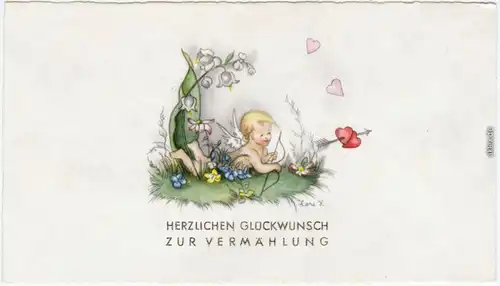 Glückwunsch Hochzeit: Liebesengel mit Herz-Pfeil und Bogen Glockenblume 1965