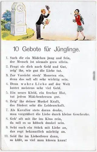 10 Gebote für Jünglinge  Scherzkarte Ansichtskarte 1930