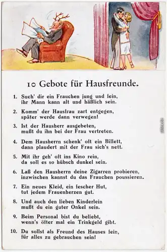 10 Gebote für Hausfreunde Scherzkarte Ansichtskarte 1930
