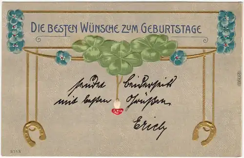 Geburtstag, Präge-Goldkarte, Hufeisen, Kleeblatt - Jugenstil Künstler Ak 1910