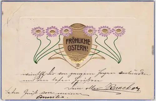  Fröhliche Ostern - Goldenes Osterei - Jugendstil 1906 Prägekarte