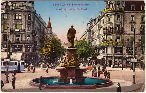 Zürich Bahnhofstraße und Alfred Escher Denkmal  - Werbung - Straßenbahn 1926