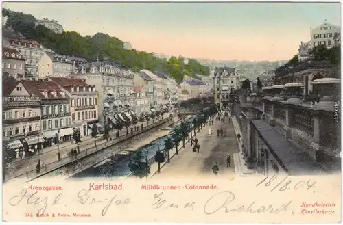 Karlsbad Karlovy Vary Kreuzgasse, Mühlbrunnen Colonnade (Handcoloriert) 1904