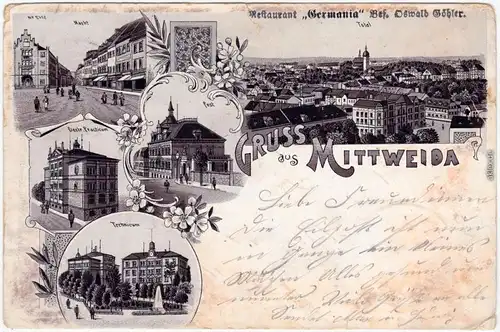 Mittweida MehrbildLitho: Markt, Technikum, Panorama Ansichtskarte g 1900