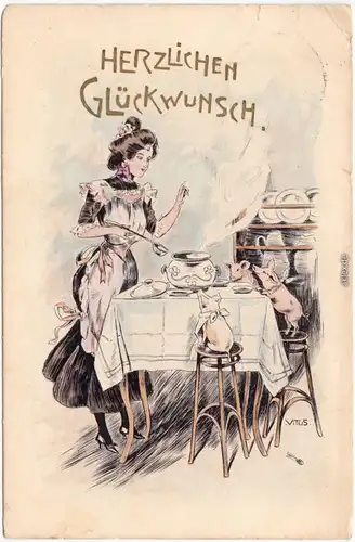 Geburtstag Ferkel am Tisch werden bedient Tiere als Menschen Künstlerkarte 1908