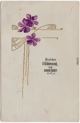 Glückwunsch: Neujahr: Reliefblume und Goldrand Jugendstil Veilchen 1910