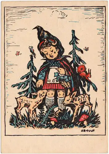 Rotkäppchen mit Rehkiz im Wald  - Mundgemalt von Arnulf Erich Stegmann 1949