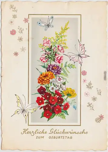 Glückwunsch: Geburtstag, Schmetterlinge und Blumen, Goldrand 1965