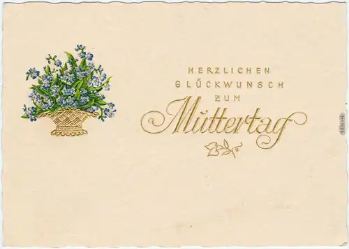  Glückwunsch-Muttertag Blumenkorb Goldrand Präge-AK 1950 Goldrand