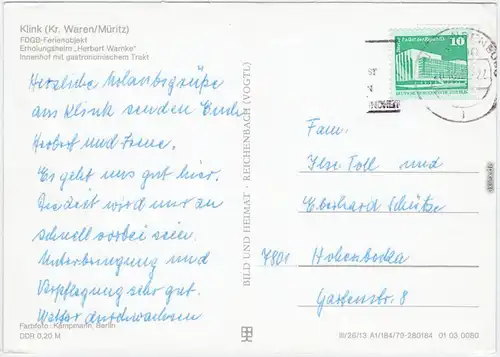Ansichtskarte Klink (Müritz) FDGB Erholungsheim Herbert Warnke 1984
