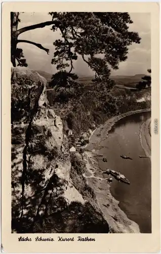 Rathen Panorama mit Dampferanleger vom Felsen aus 1956