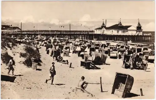 Ahlbeck (Usedom) Foto Ansichtskarte Seebrücke und Strand-Cafe 1958