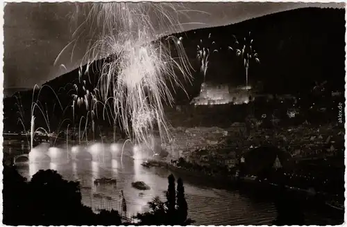 Heidelberg Schloß, Stadt - Feuerwerk Foto  Ansichtskarte  1960
