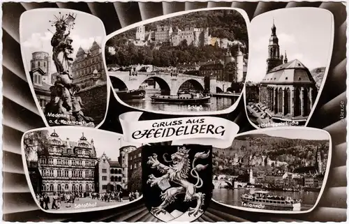 Heidelberg Mehrbild: Stadt, Brücke, Kirche, Denkmal und Schloßhof 1975 
