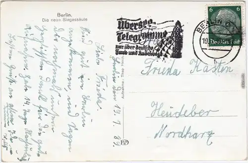 Mitte Berlin Siegessäule Ansichtskarte  1935