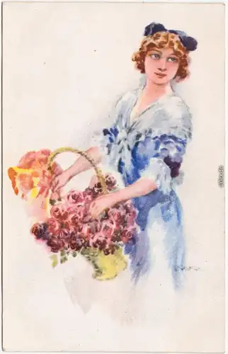 Frau mit Haarschleife trägt Korb mit Blumen Künstlerkarte 1918