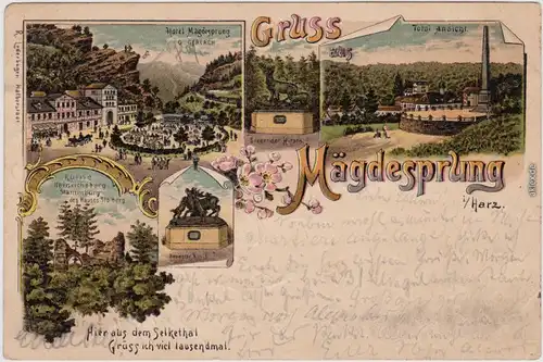 Mägdesprung Harzgerode 4 Bild Litho: Mägdesprung  - Umland und Hotel 1899