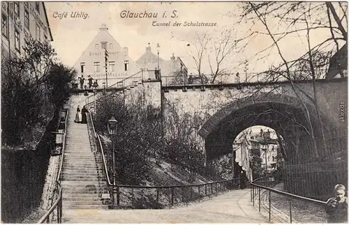Glauchau Cafe Uhlig, Tunnel der Schulstrasse Ansichtskarte 1907