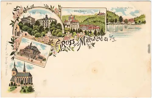 Mittweida Litho: Kirche, Postamt, Technikum, Panorama 1904 