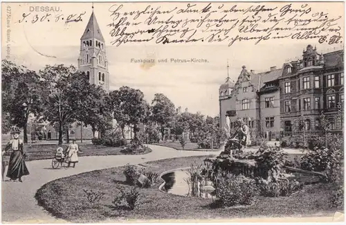 Ansichtskarte Dessau Partie am Funkplatz und Petrus Kirche 1905