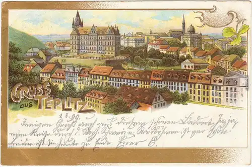 Teplitz - Schönau Teplice Künstlerkarte (Gold) - Blick auf die Stadt 1899 