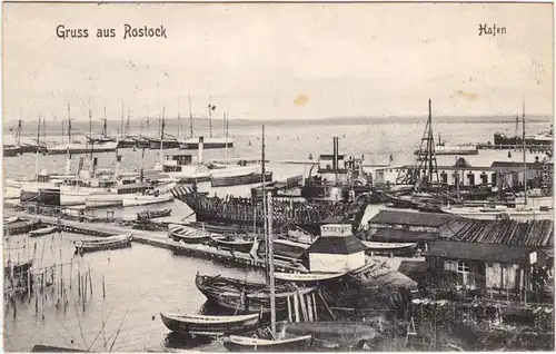 Rostock Hafen, Boote, Fischkutter und Hütten Ansichtskarte 1907
