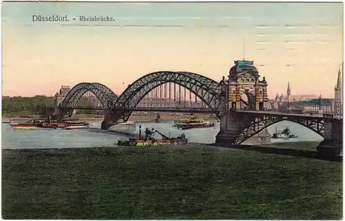 Düsseldorf Rheinbrücke, Dampfer im Hintergrund Stadt coloriert  1911