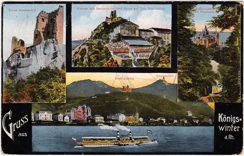 Königswinter 4 Bild: Panorama, Frachenfels und Restauration Ansichtskarte  1915