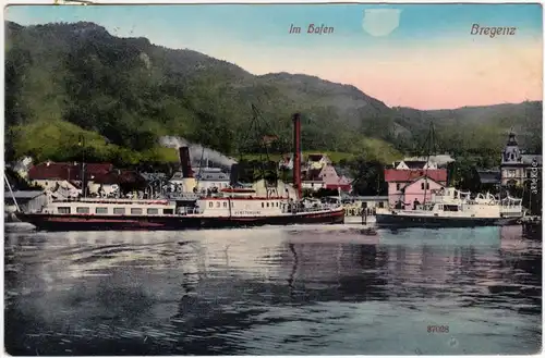 Bregenz Dampfer - Hafen einfahrt colorierte Ansichtskarte Vorarlberg  1912
