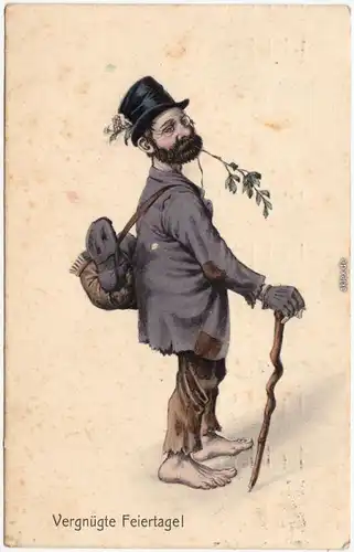  Mann beim Wandern, Vergnühte Feiertage - Künstler Scherzkarte 1912  