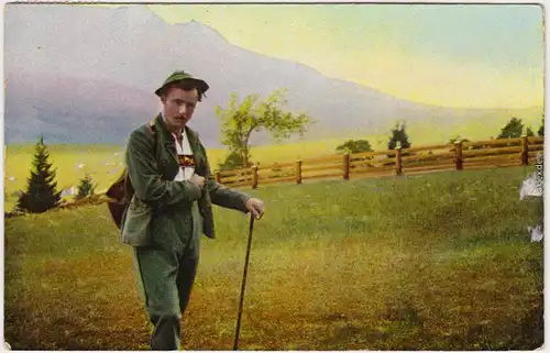 Wanderer in Tracht Alm - Liederkarte von einem Bergli muss i scheiden 1913 