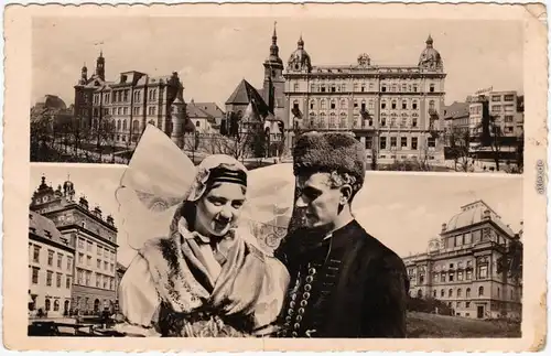 Pilsen Plzeň Stadtteilansichten: Mann und Frau in Tracht Fotokarte 1941