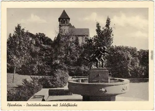 Pforzheim Dreitälerbrunnen mit Schloßkirche Foto Ansichtskarte  1956