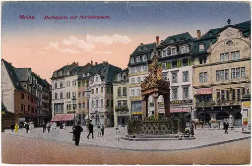 Mainz Marktplatz mit Marktbrunnen Ansichtskarte  1914