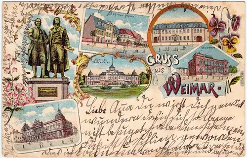 Weimar Litho: Schillerhaus, Post, Goethehaus, Schloß und Museum 1901 