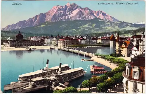 Luzern Lucerna Seebrücke und Pilatus, Dampfer 1913